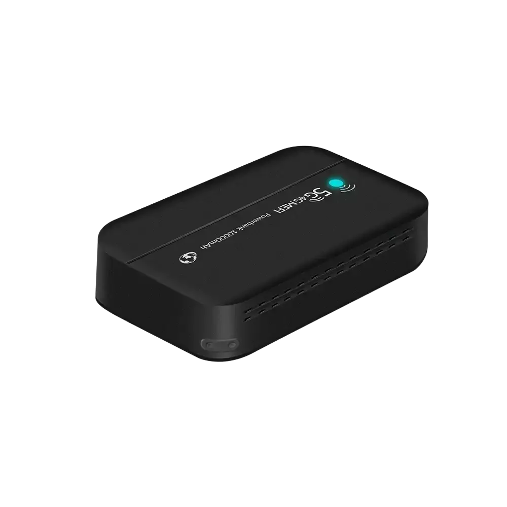 Black rectangular huawei 5g cpe device with glowing green indicator light and lte power bank 10000mah for charging wifi