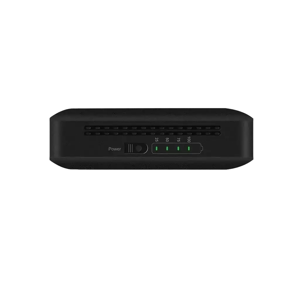 Black rectangular matte lte power bank 10000mah with green led indicators and labeled ports for charging wifi routers