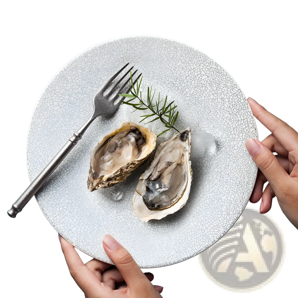 Light gray crackled ceramic Lucerne Sophie white plate with two oysters and greenery on ice for seafood serving