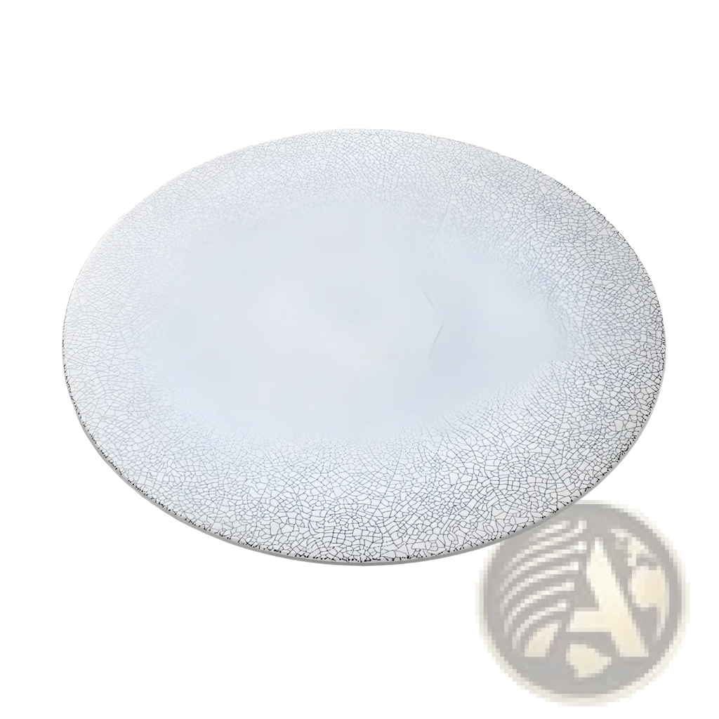 A round white ceramic plate with a delicate crackle glaze finish from lucerne sophie collection