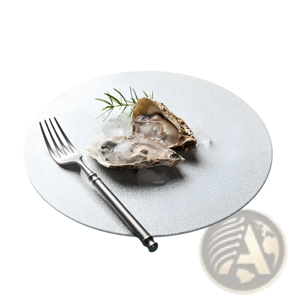 A white Lucerne Sophie ceramic plate with crackled glaze texture holding two oysters on ice garnished with fresh herbs
