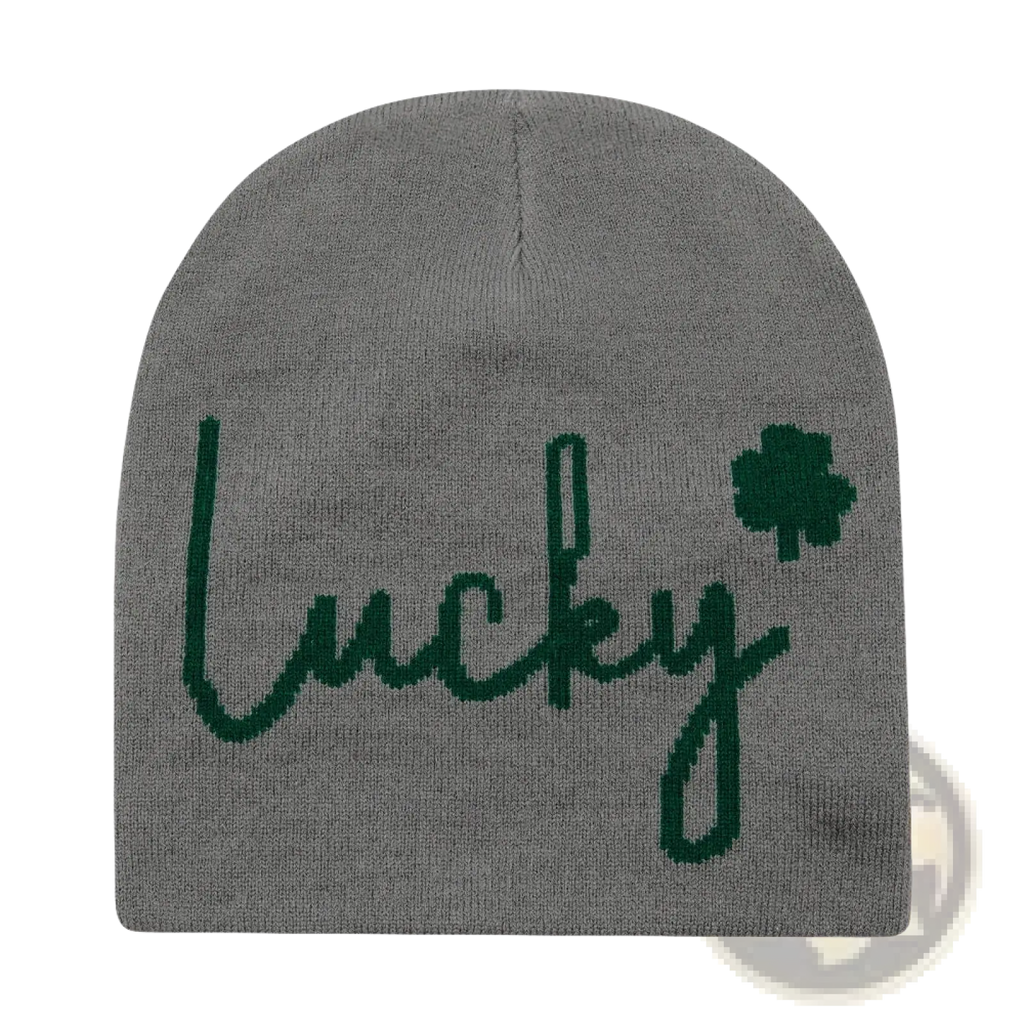 Gray knitted beanie with lucky in dark green cursive and small shamrock embroidery for winter warmth