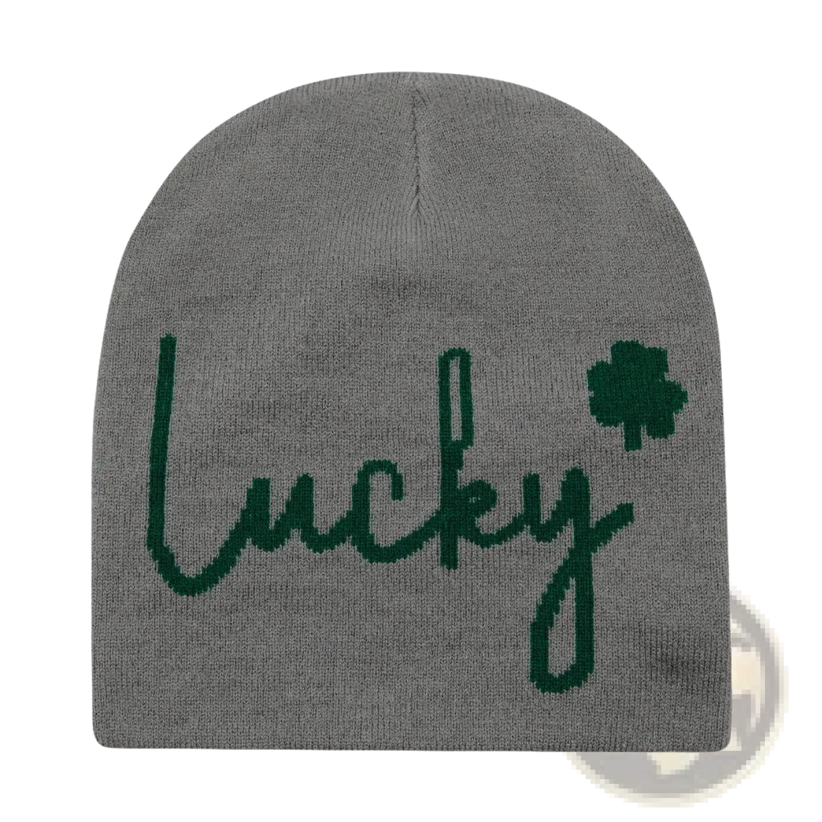 Gray knitted beanie with lucky in dark green cursive and small shamrock embroidery for winter warmth