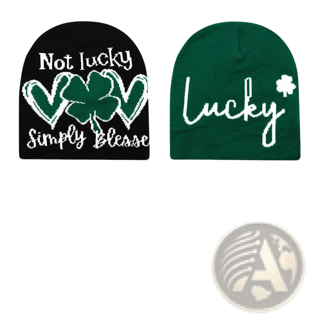 Black and green knitted beanie with white text and shamrock design winter warm hat for cold weather