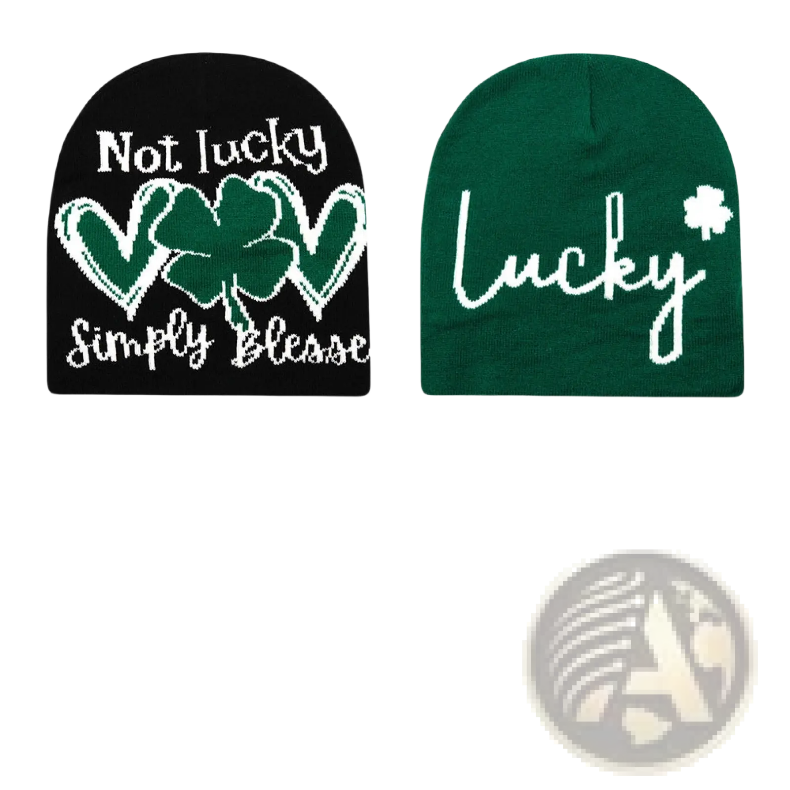 Black and green knitted beanie with white text and shamrock design winter warm hat for cold weather