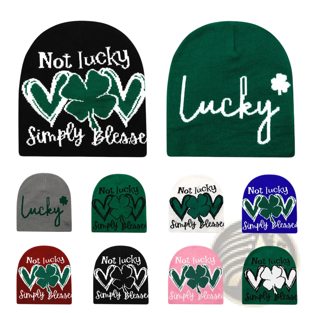 Lucky knitted beanie winter warm hats in various colors featuring shamrock designs and blessing or lucky text patterns