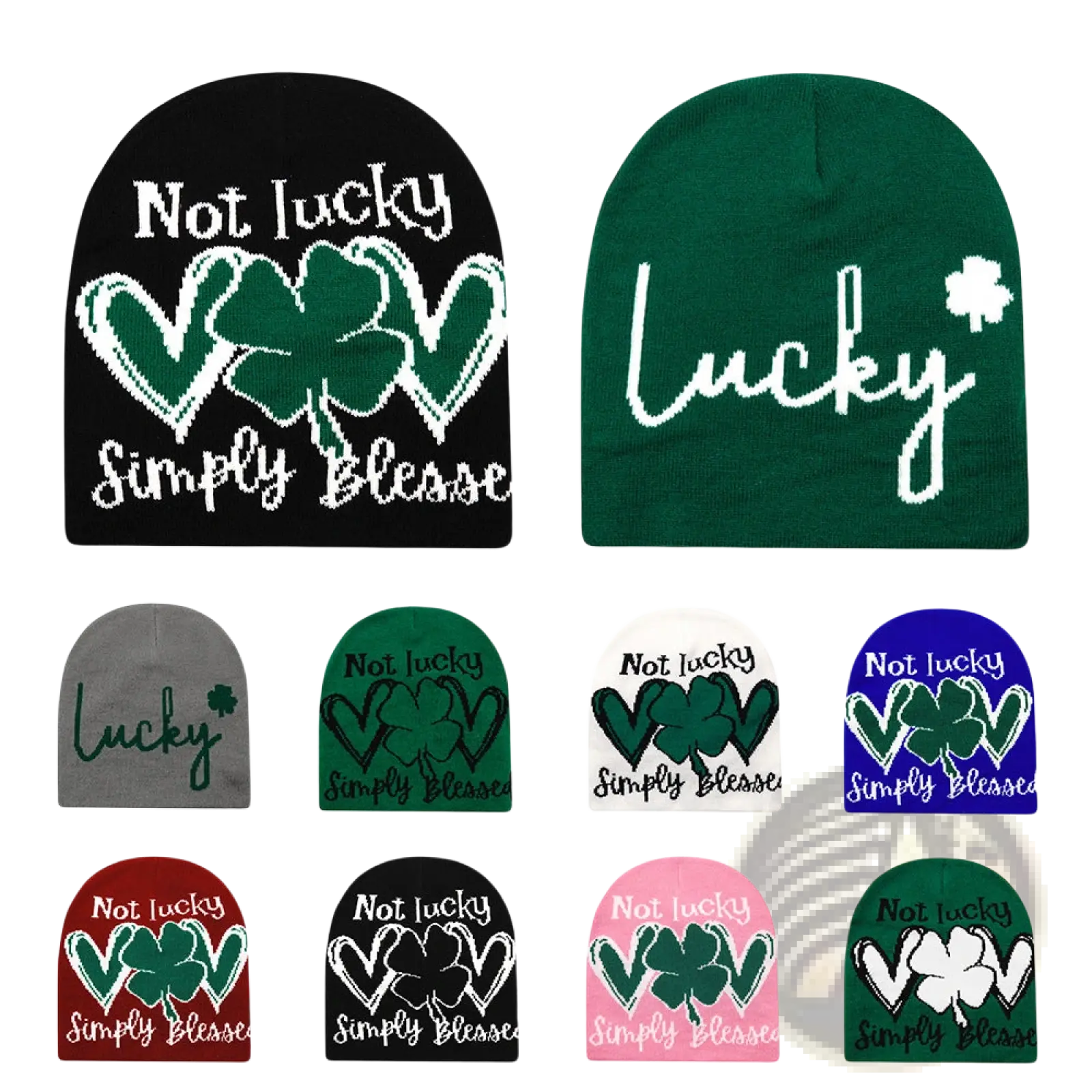 Lucky knitted beanie winter warm hats in various colors featuring shamrock designs and blessing or lucky text patterns
