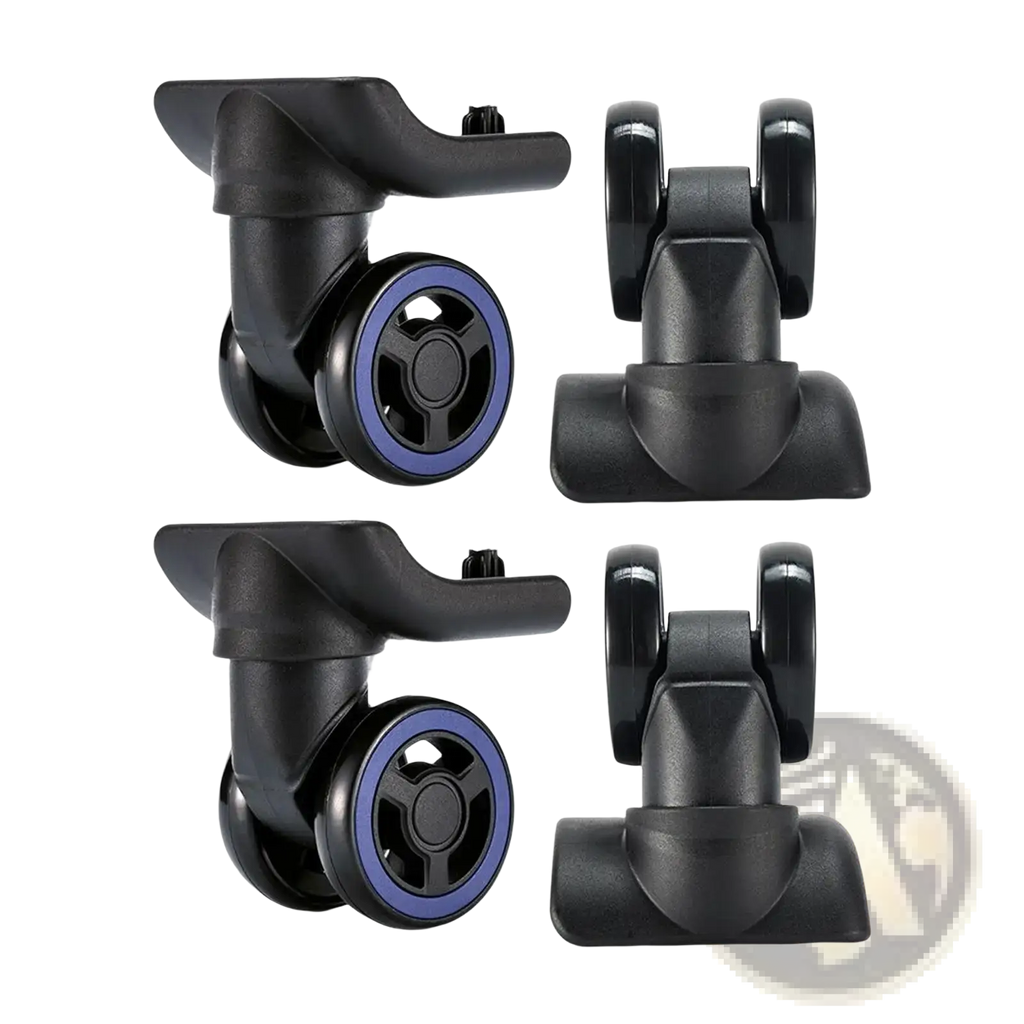 Black plastic luggage wheel replacement with blue-rimmed 360 degree swivel casters for smooth mobility