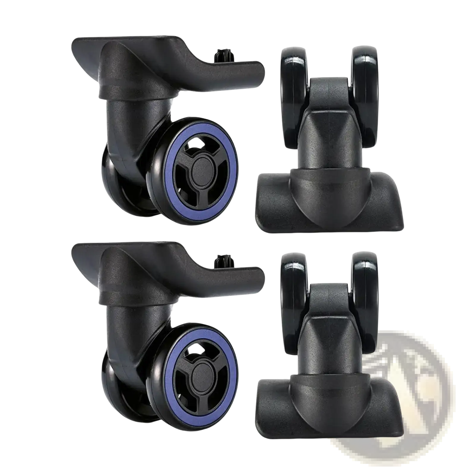 Black plastic luggage wheel replacement with blue-rimmed 360 degree swivel casters for smooth mobility