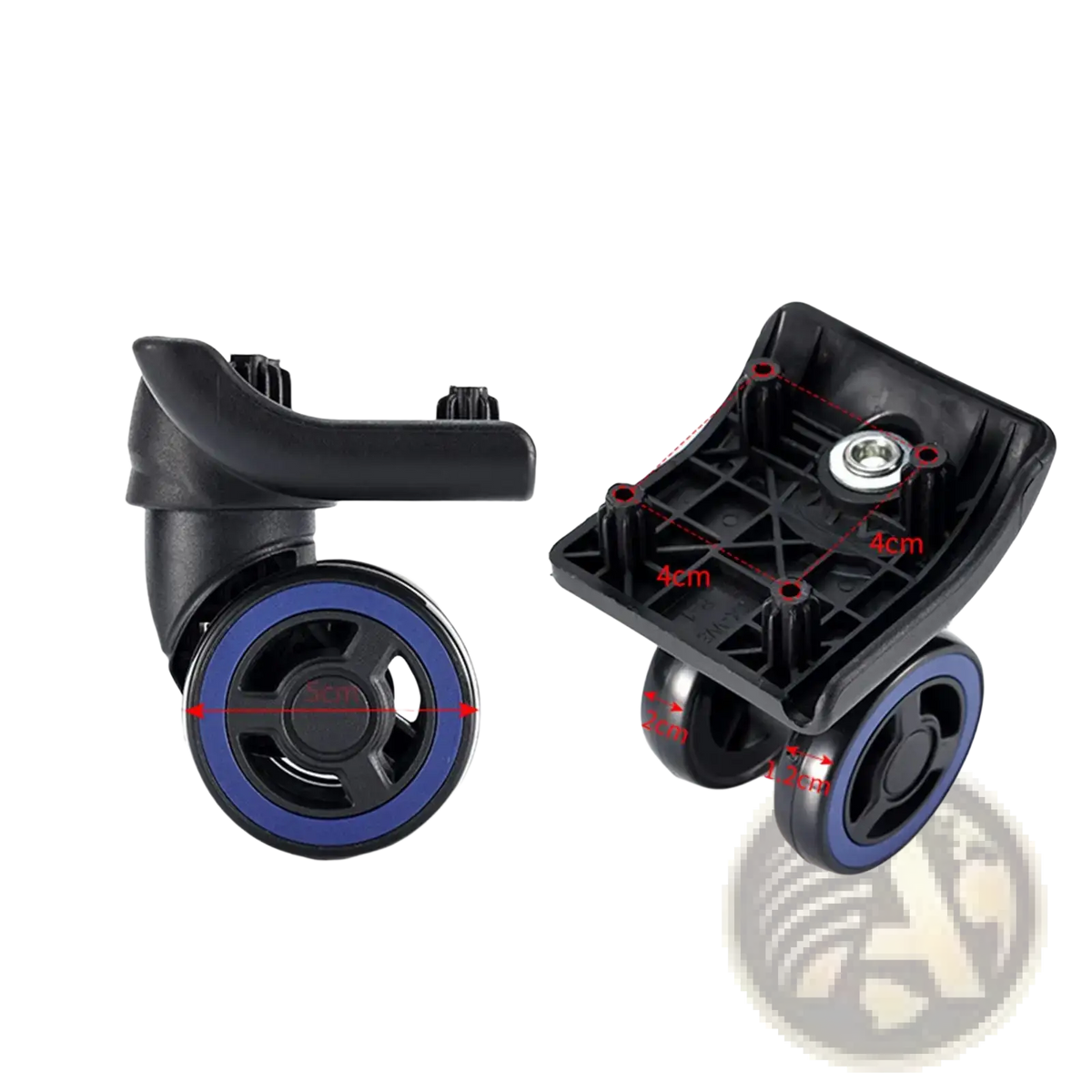 Black plastic luggage wheel replacement caster with blue rims and 7.4cm x 9.5cm bracket for rolling furniture