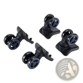 Black plastic luggage wheel replacement with blue inner rims and 360 degree swivel casters shown from the back side