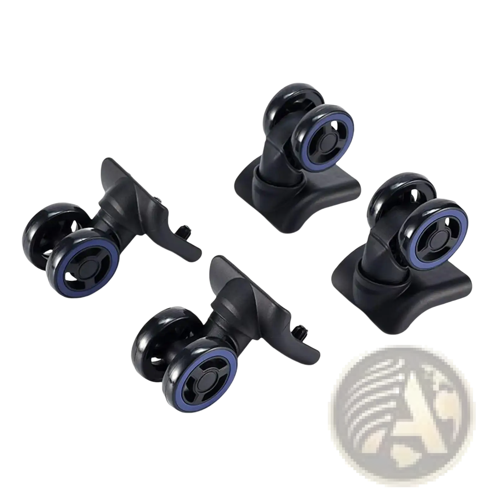 Black plastic luggage wheel replacement with blue inner rims and 360 degree swivel casters shown from the back side
