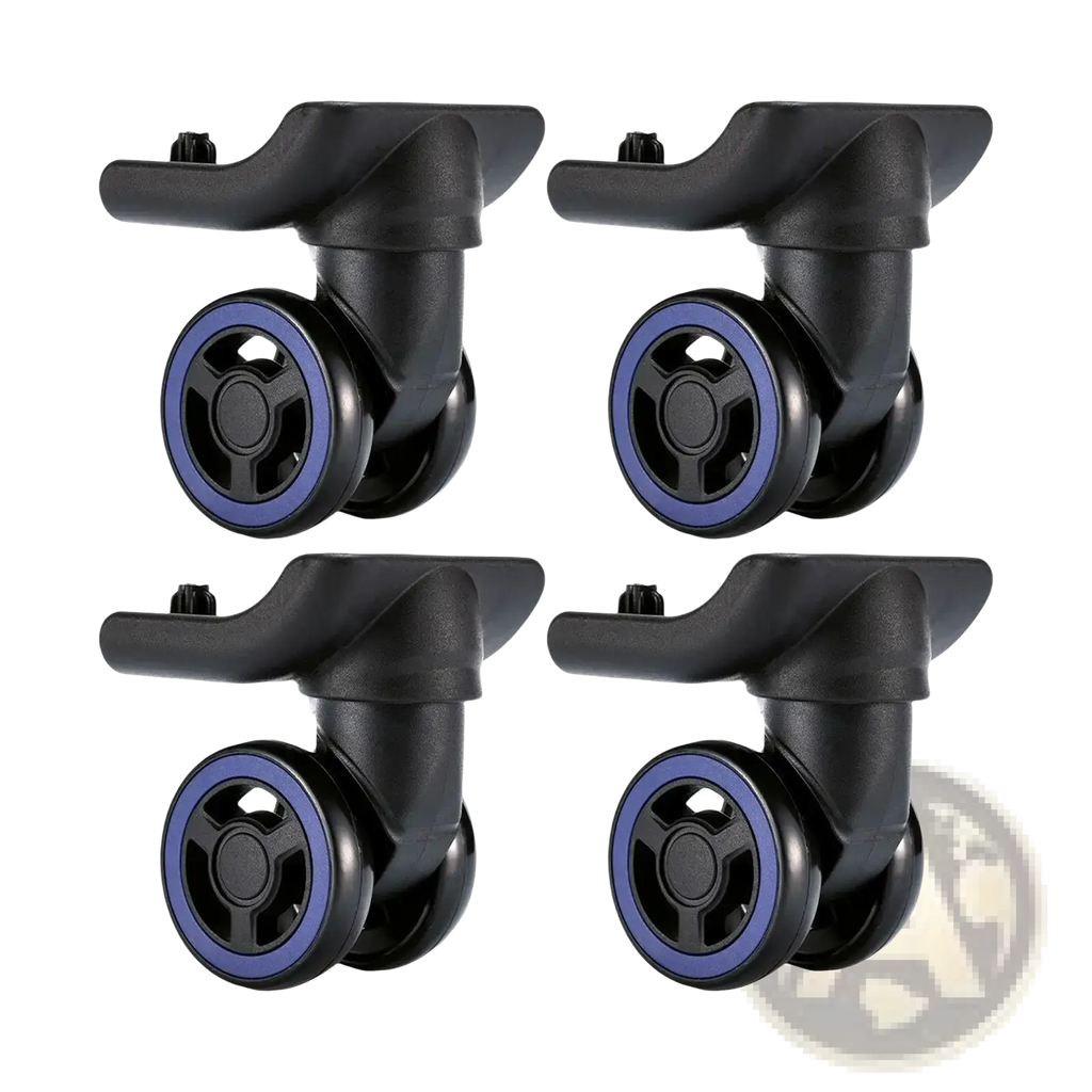 Black plastic luggage wheel replacement with blue rim rubber tires and 360 degree swivel casters for smooth mobility