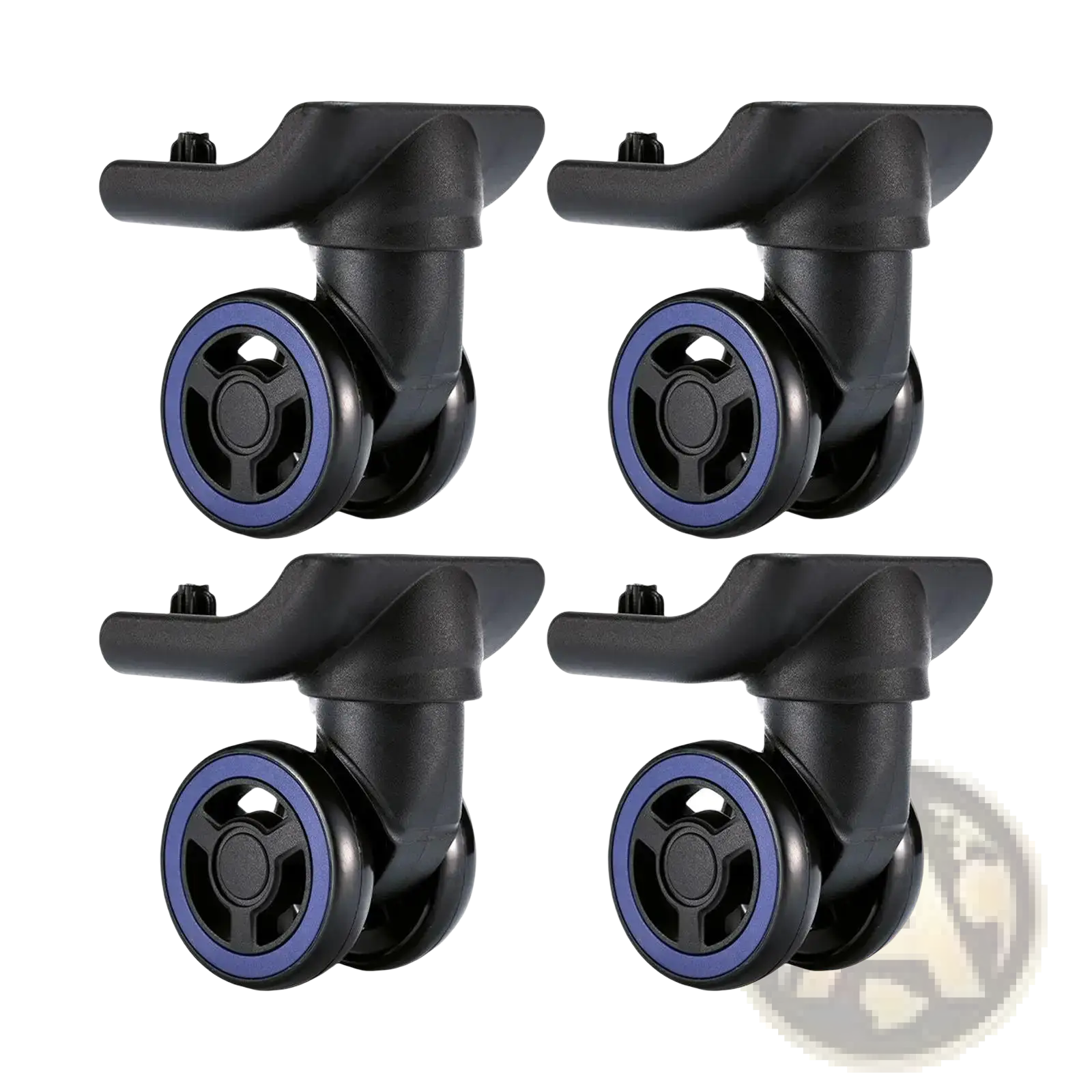 Black plastic luggage wheel replacement with blue rim rubber tires and 360 degree swivel casters for smooth mobility