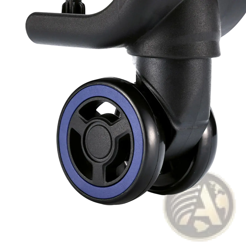 Black plastic luggage wheel replacement with vibrant blue inner rim and three-spoke 360 degree swivel caster design
