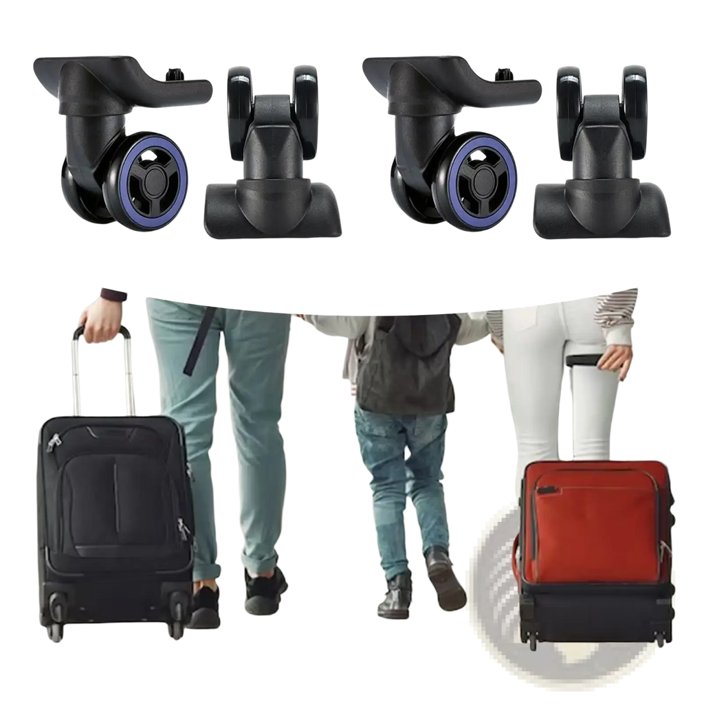 Black luggage wheel replacement with purple inner rims designed for smooth rolling and durable 360 degree swivel use