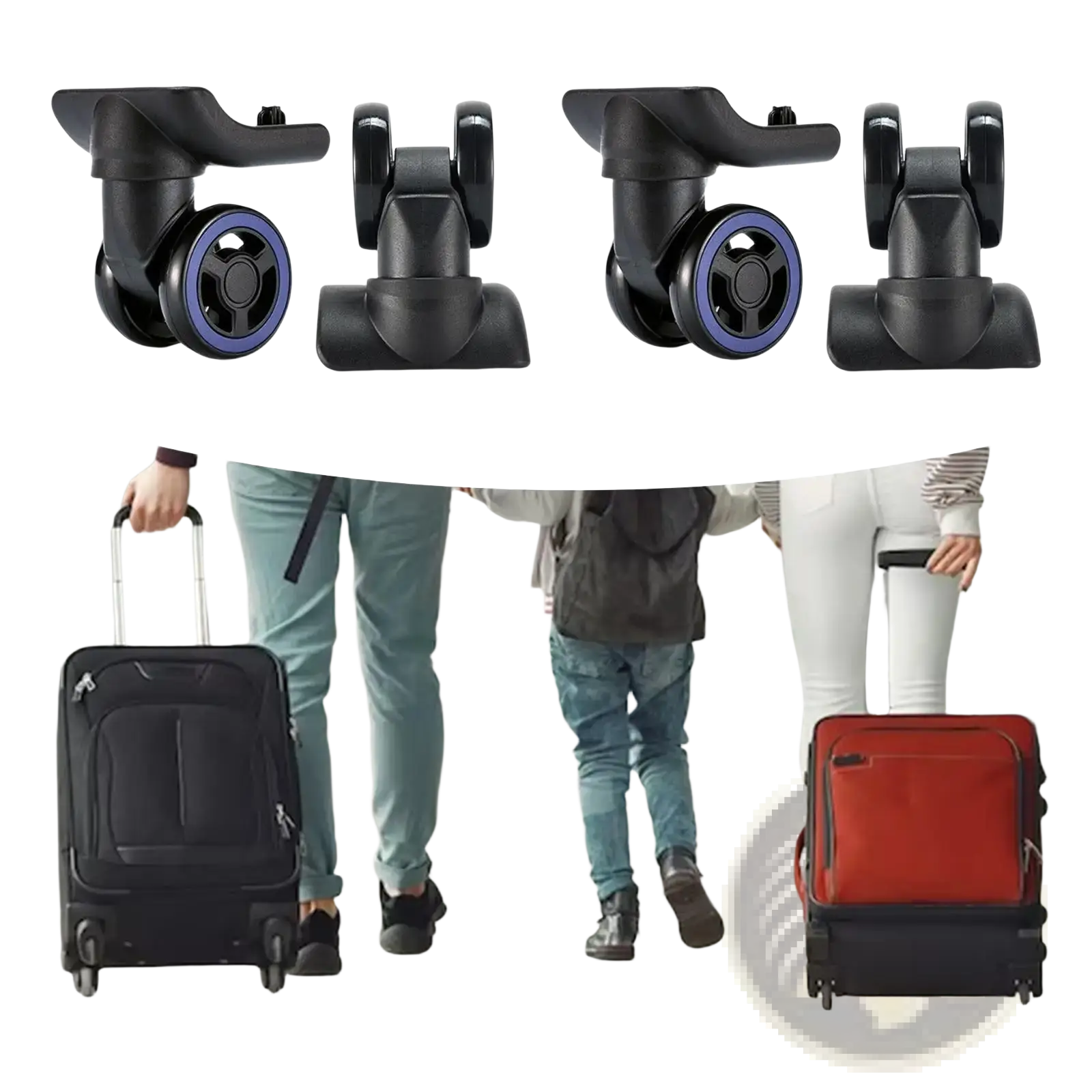 Black luggage wheel replacement with purple inner rims designed for smooth rolling and durable 360 degree swivel use