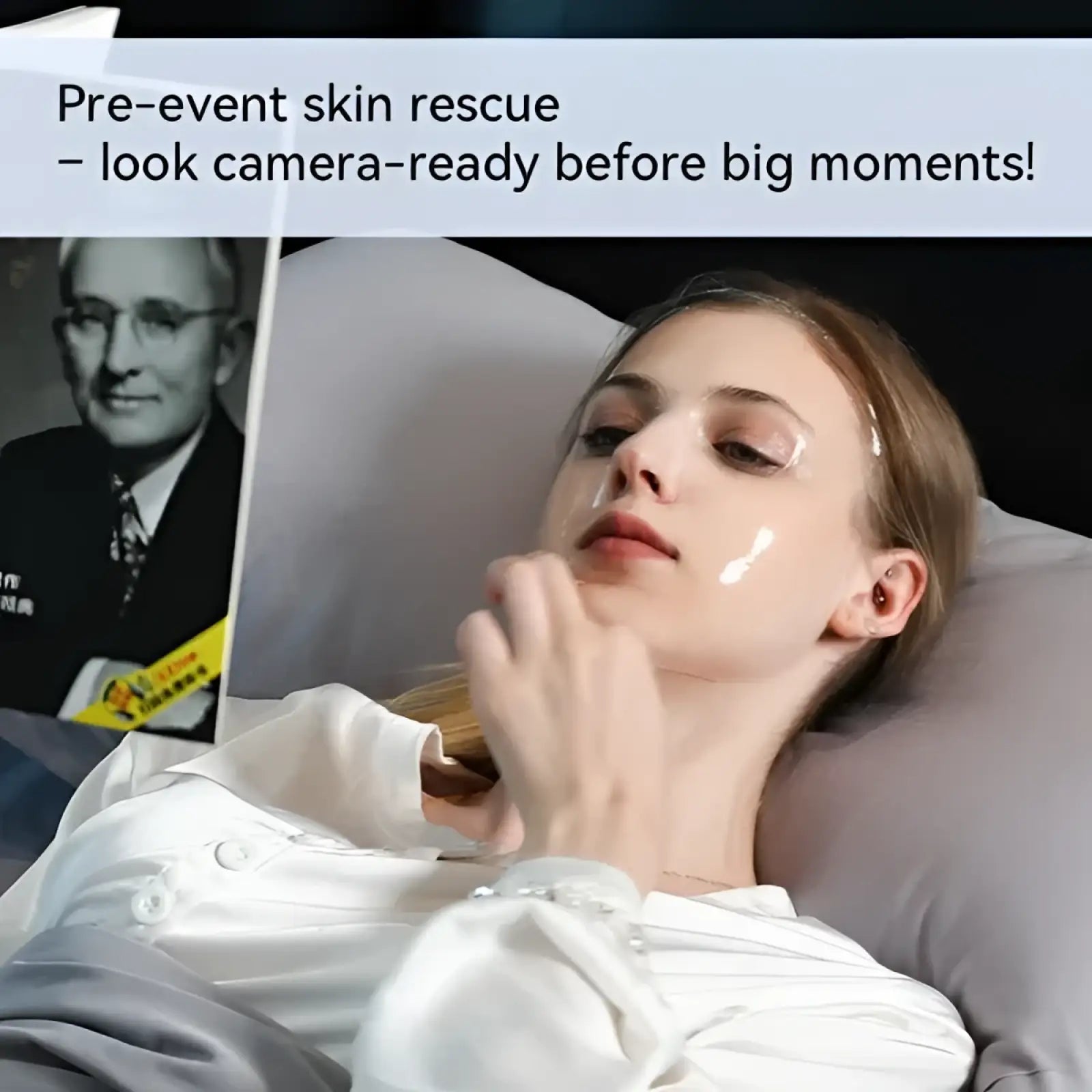 A woman wearing a white satin blouse with pearl buttons lies on bed showcasing Luhezr deep collagen anti wrinkle lifting mask
