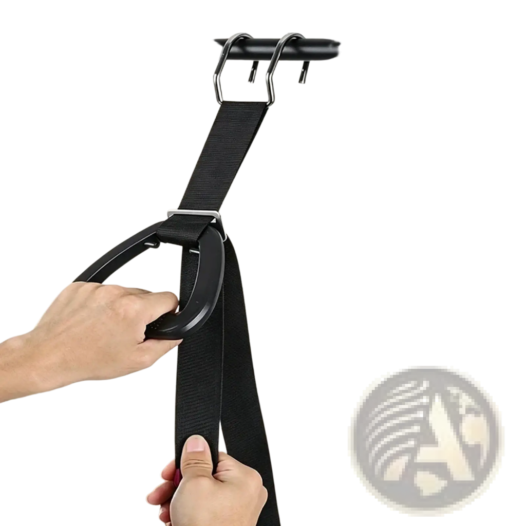 Black adjustable hanging gymnastics ring with metal hook and buckle for lumbar traction belt spinal decompression use