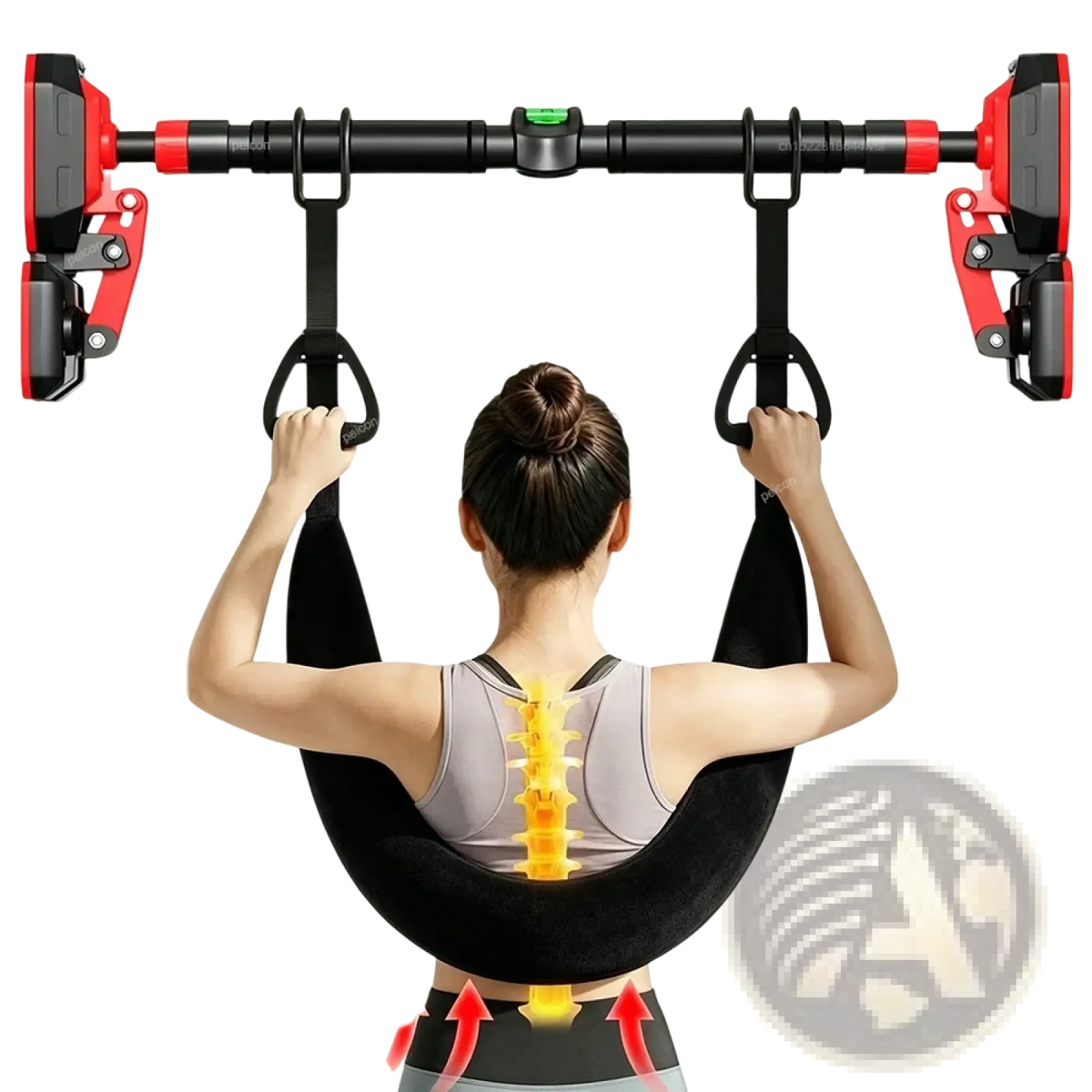 Black and red adjustable pull up bar with padded suspension straps for lumbar traction belt spinal decompression use