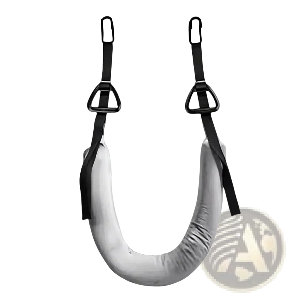 Gray padded u-shaped neck support with black adjustable straps and metal carabiner hooks for lumbar traction belt
