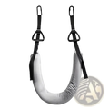 Gray padded u-shaped neck support with black adjustable straps and metal carabiner hooks for lumbar traction belt