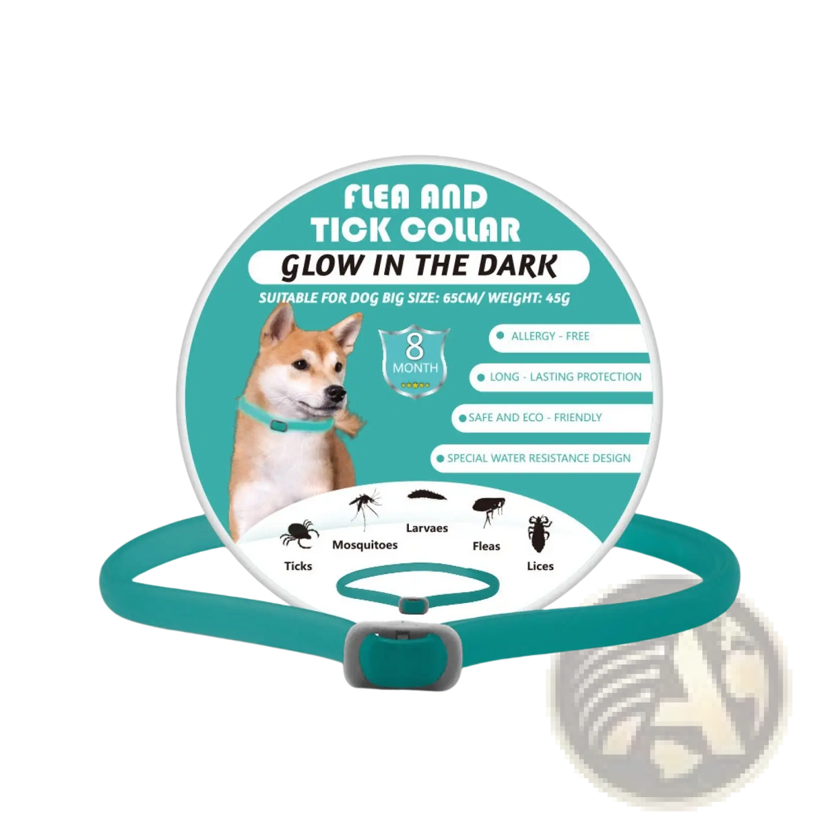 Teal glow-in-the-dark luminous flea and tick collar with secure buckle for big dogs protects against pests