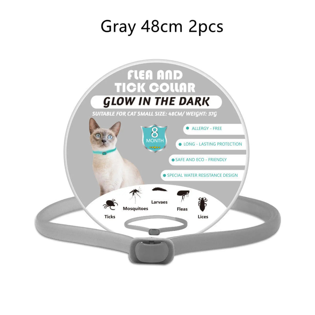 Gray luminous flea and tick collar for small cats 48cm designed to glow in the dark for pet safety