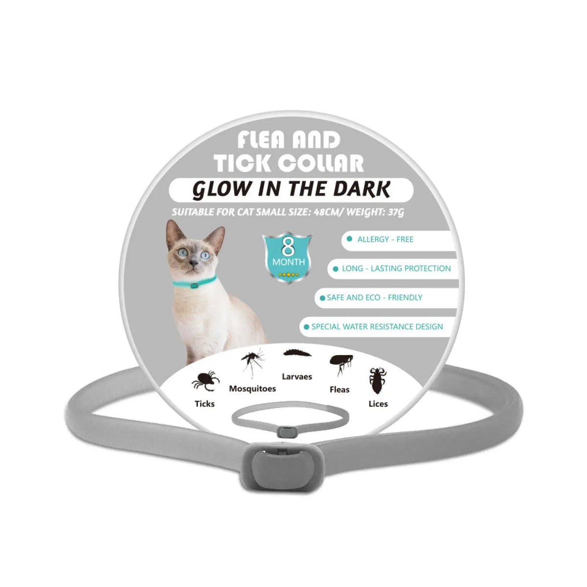 Gray silicone luminous flea and tick collar for small cats designed to glow in the dark with an 8-month warranty
