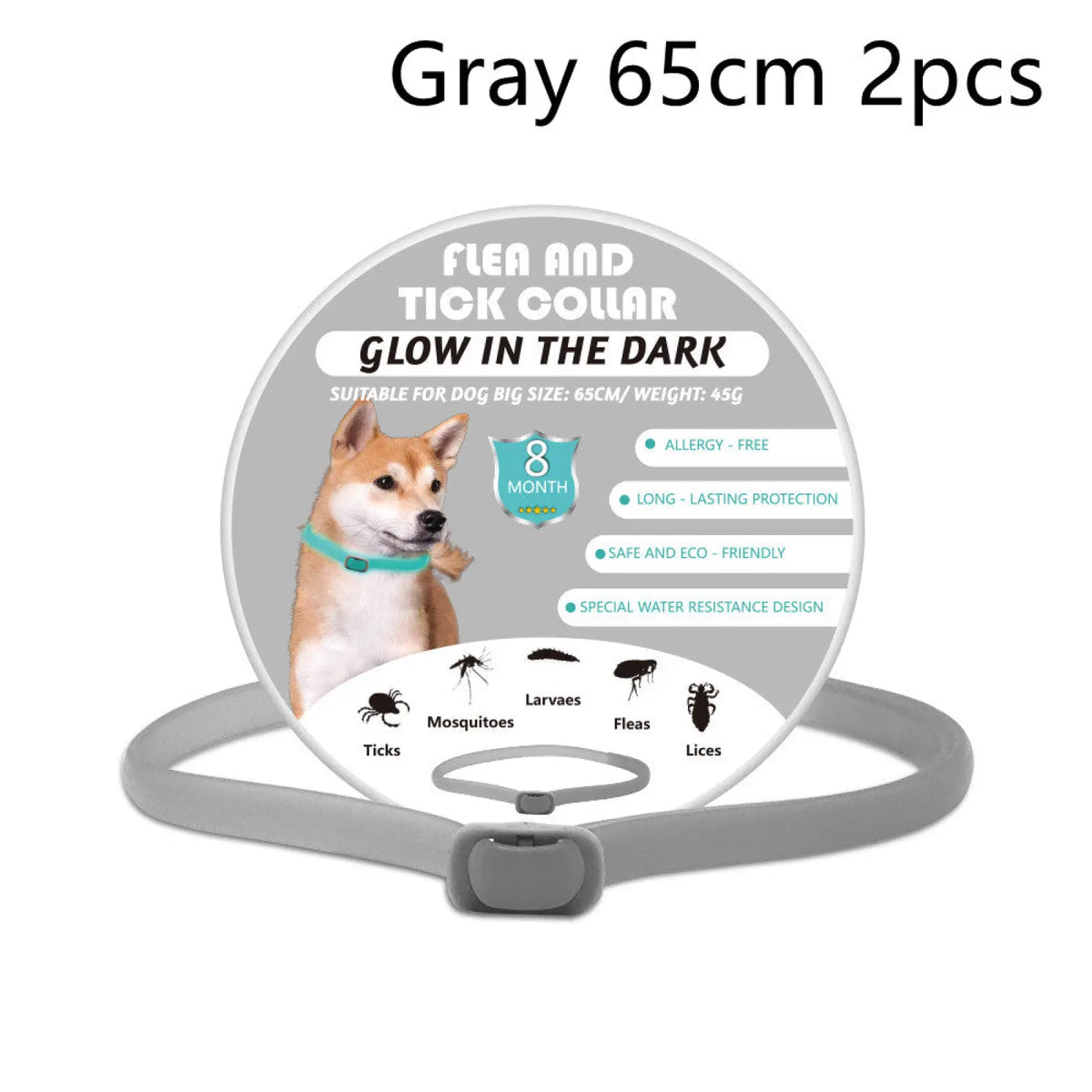 Gray 65cm luminous flea and tick collar for large dogs designed to glow in the dark for enhanced visibility