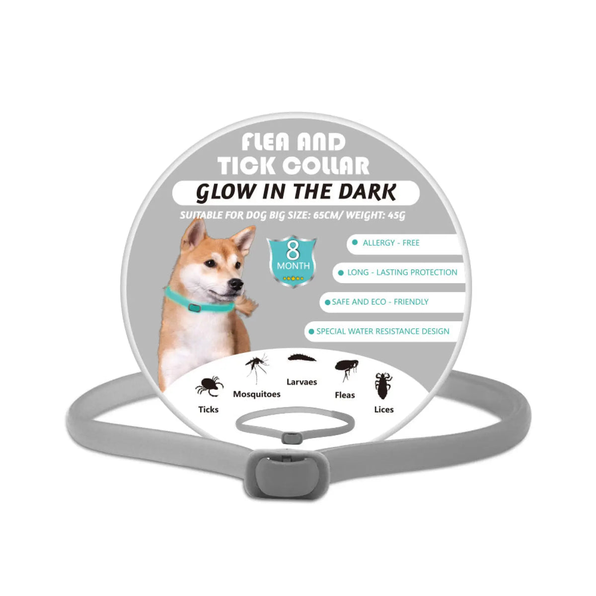 Luminous gray glow in the dark flea and tick collar for dogs and cats with secure buckle and multi-pest protection