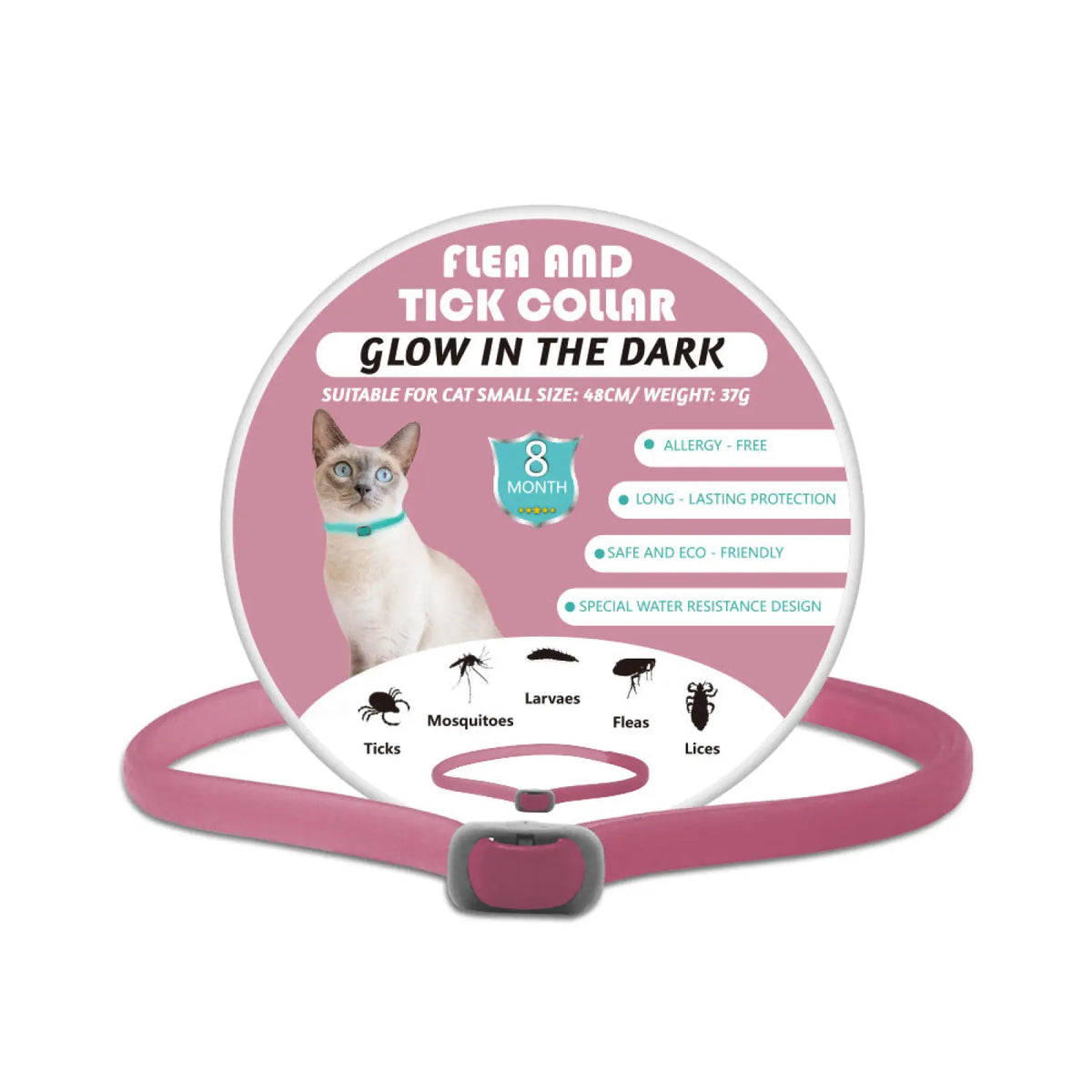 Luminous flea and tick collar for small cats with pink glow-in-the-dark silicone band and adjustable gray buckle
