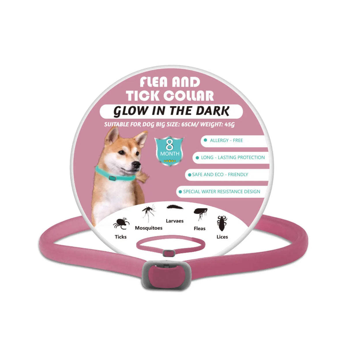 Pink glow-in-the-dark luminous flea and tick collar for big dogs with a secure gray buckle for safety