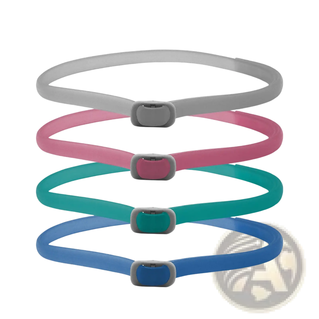Set of four colorful silicone luminous flea and tick collars for dogs and cats with matching gray plastic buckles