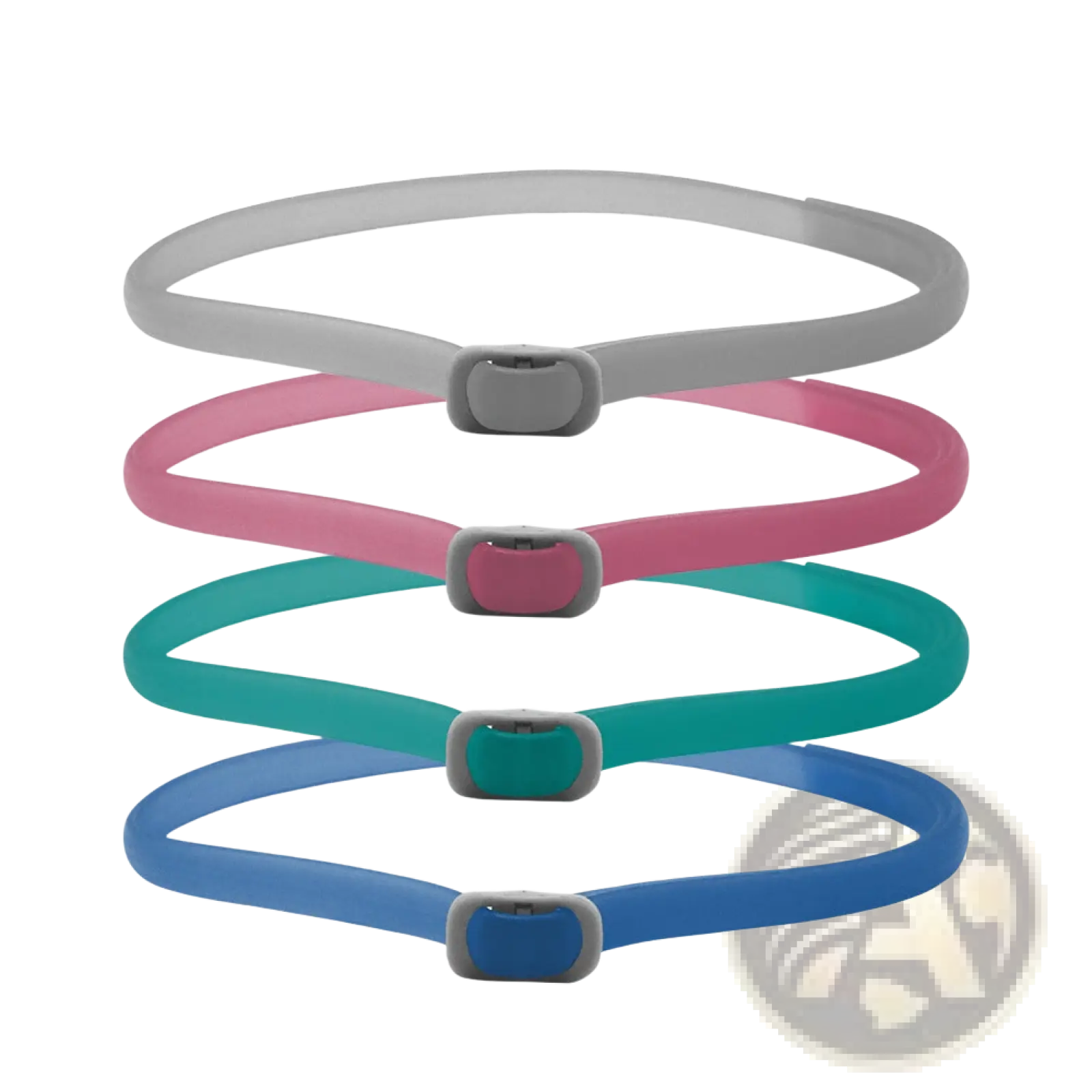 Set of four colorful silicone luminous flea and tick collars for dogs and cats with matching gray plastic buckles