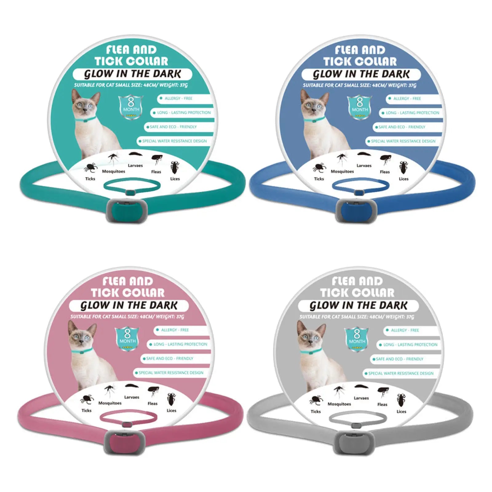 Luminous flea and tick collars for dogs and cats in teal blue pink and gray glow-in-the-dark for small cats