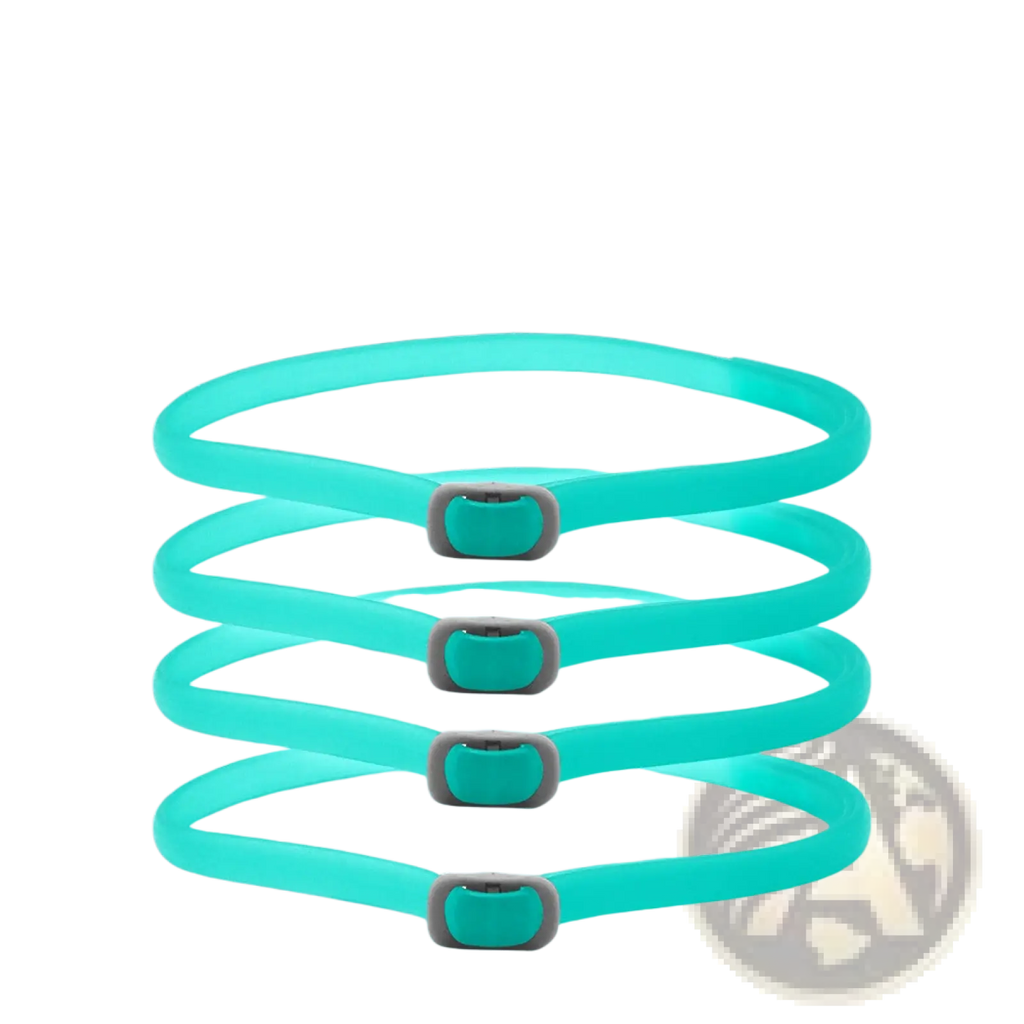 Teal glow-in-the-dark luminous flea and tick collar for dogs and cats with gray buckle shown from back side