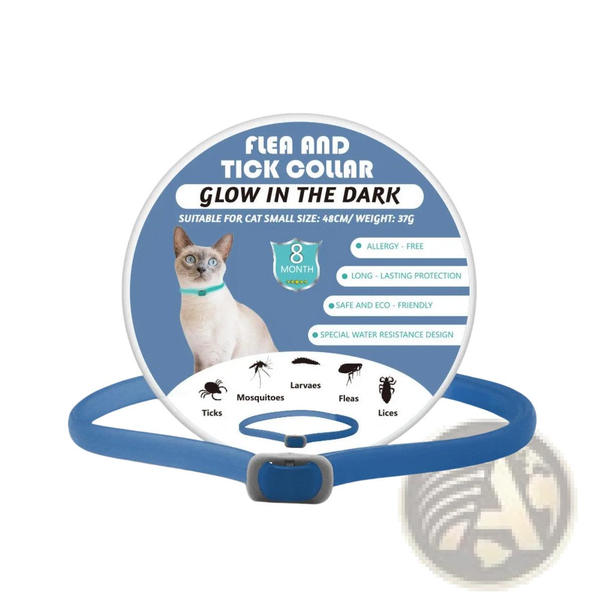 Blue glow-in-the-dark flea and tick collar for small cats with secure buckle and allergy-free long-lasting protection