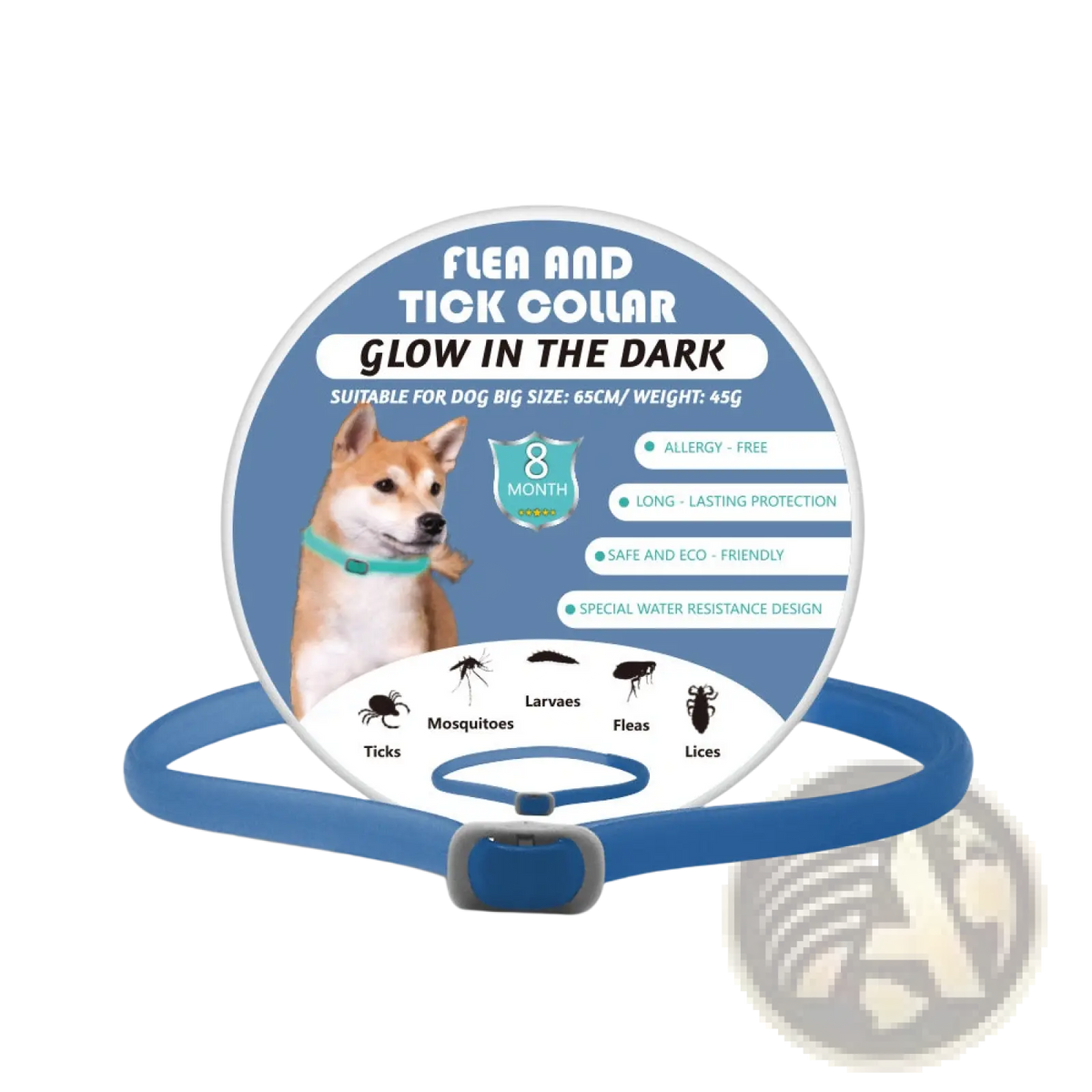 Blue glow-in-the-dark luminous flea and tick collar for big dogs designed for effective pest protection