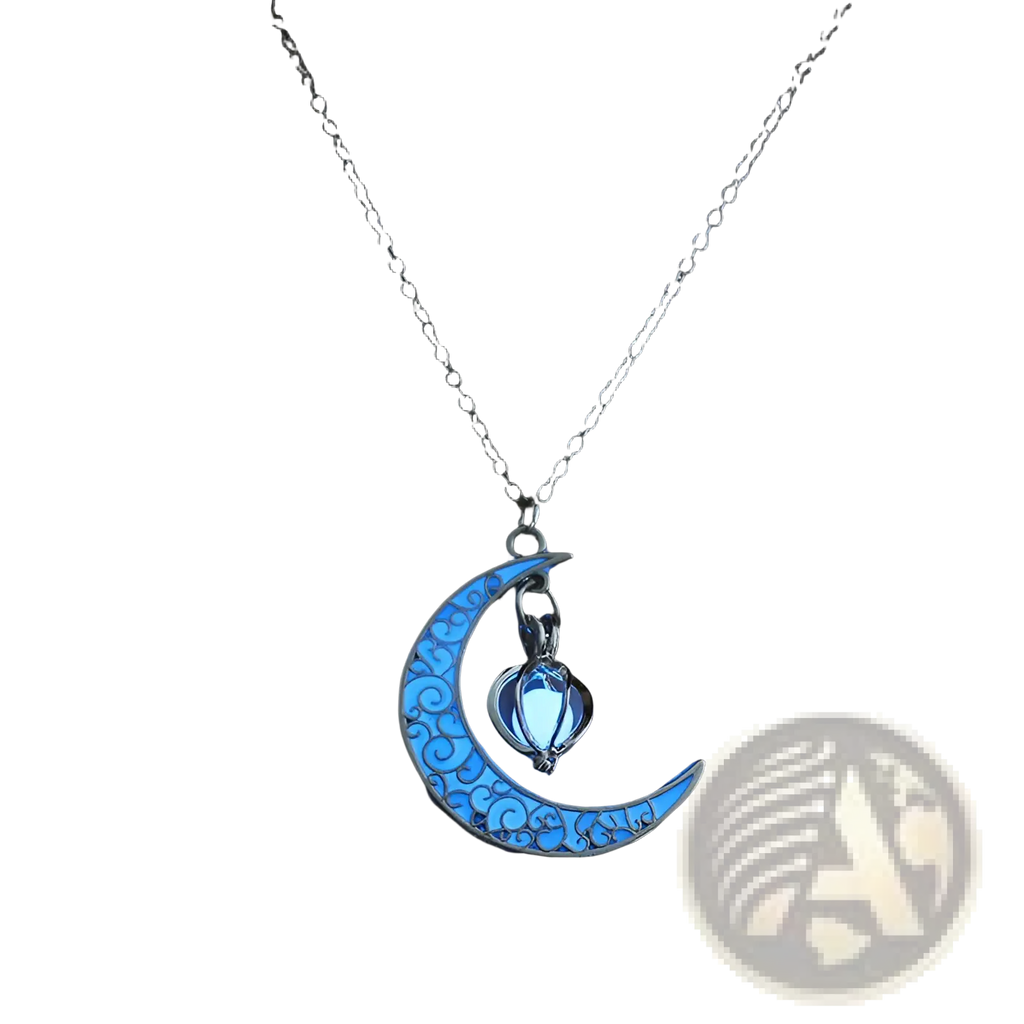 Luminous heart and filigree crescent moon pendant necklace with glowing blue crescent and soft light lantern charm