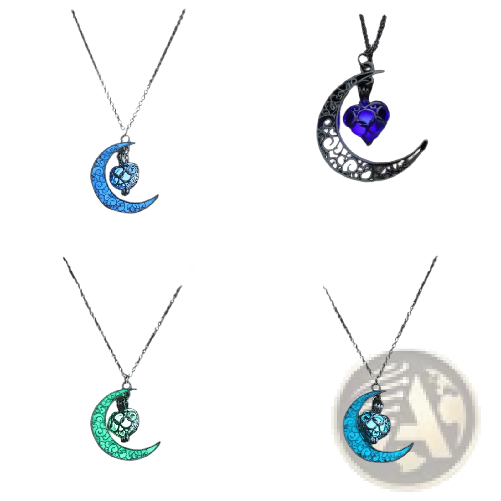 A luminous heart and filigree crescent moon pendant necklace with a glowing blue and purple heart-shaped locket