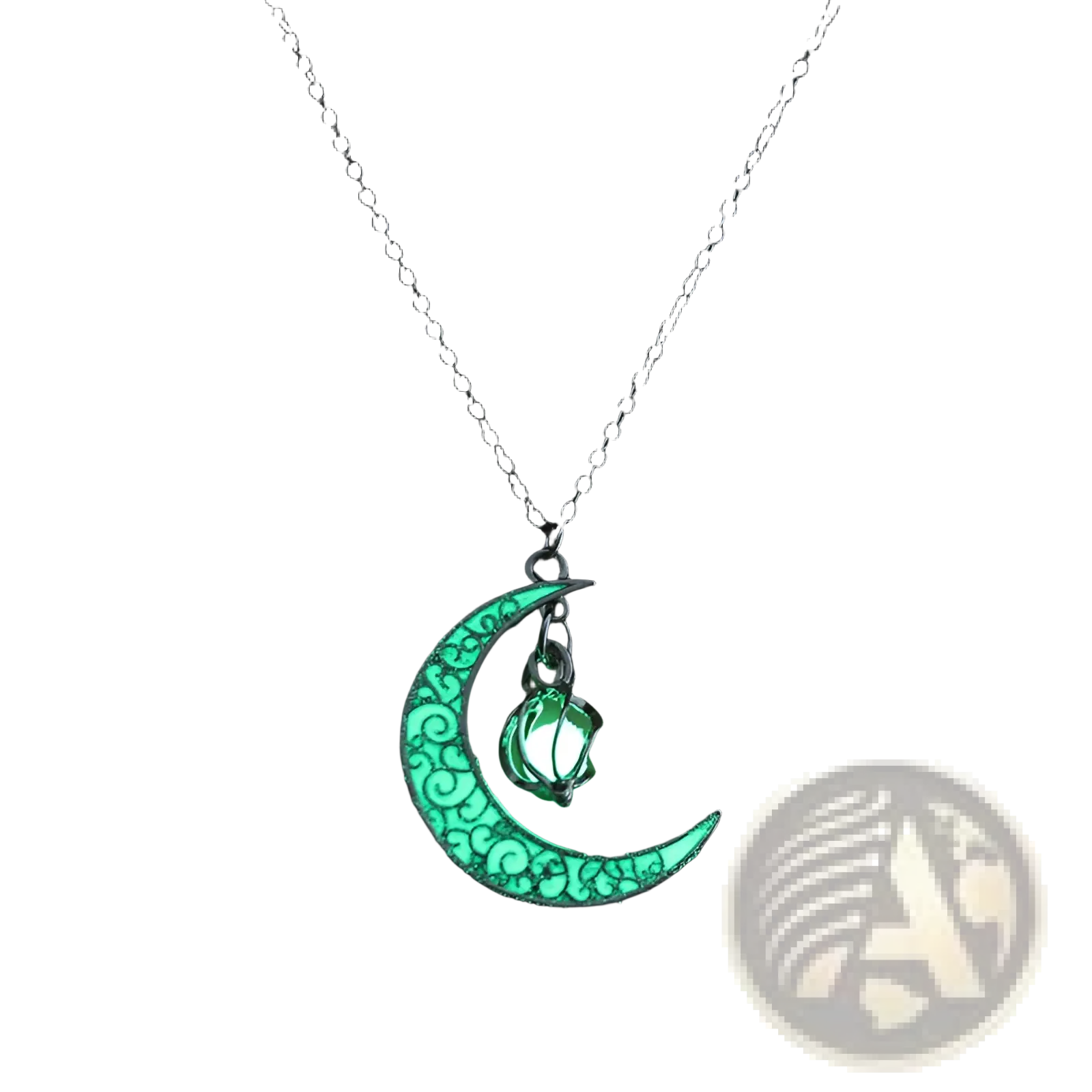 A luminous heart and filigree crescent moon pendant necklace with glowing green crescent and soft-lit lantern charm