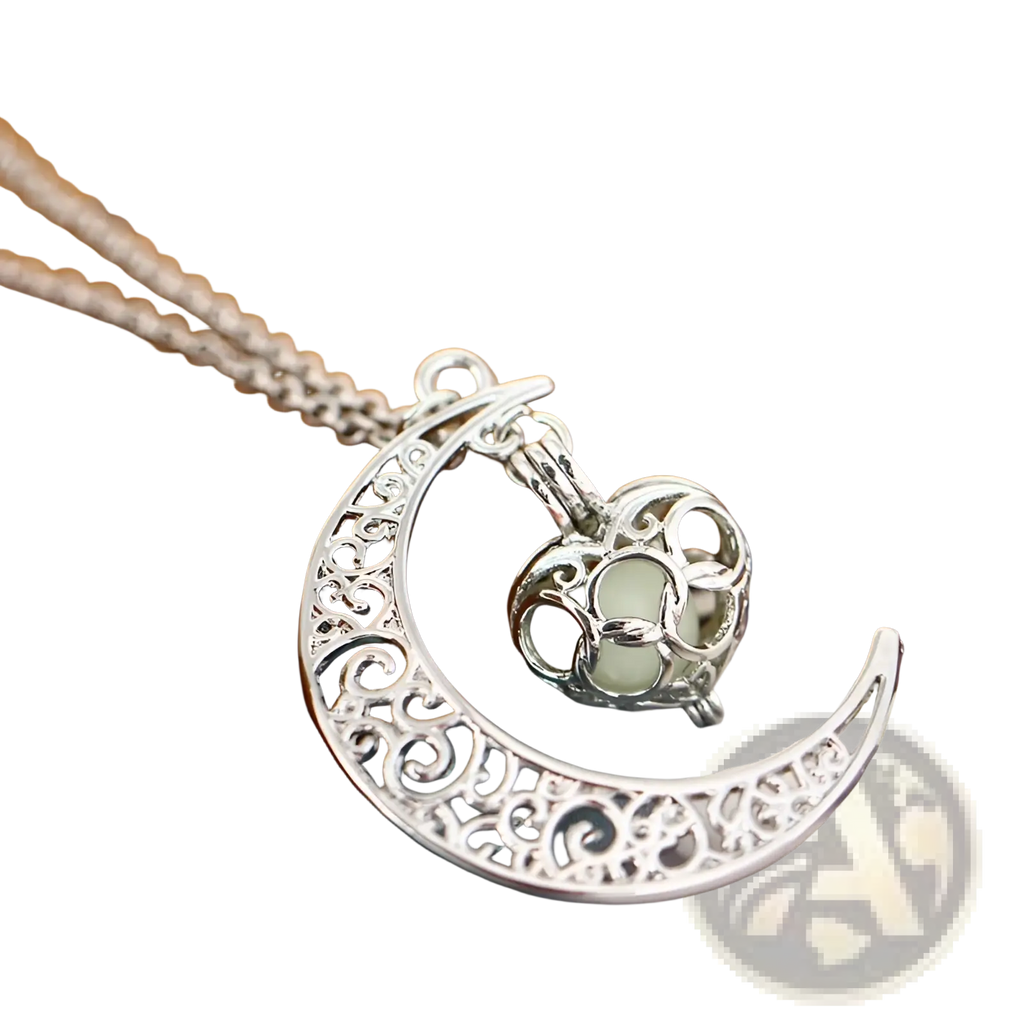 Silver crescent moon pendant necklace with intricate filigree design and a glowing heart-shaped locket charm