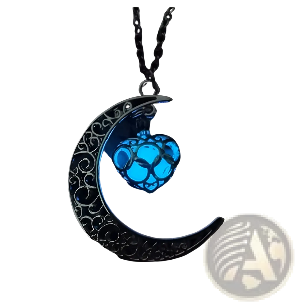 A glowing blue crescent moon pendant necklace featuring intricate silver filigree and a luminous heart-shaped orb