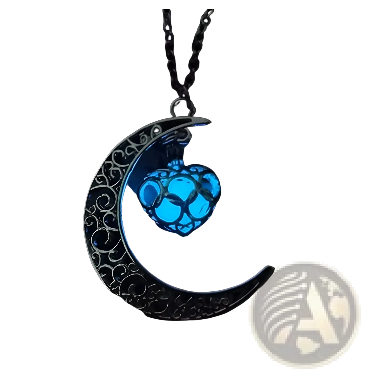 A glowing blue crescent moon pendant necklace featuring intricate silver filigree and a luminous heart-shaped orb