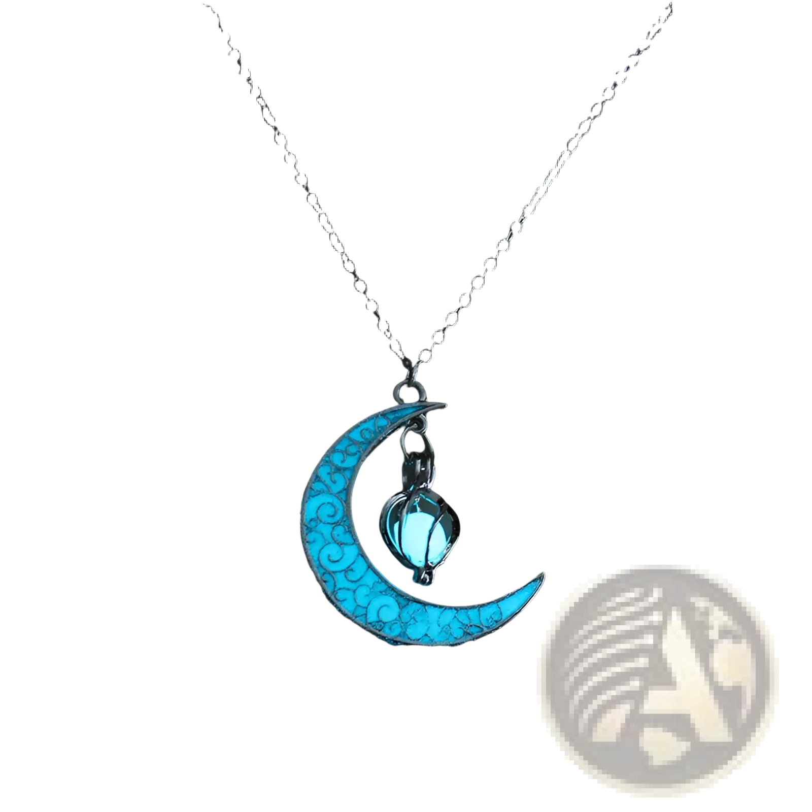A luminous heart and filigree crescent moon pendant necklace with a glowing turquoise crescent and small lantern charm