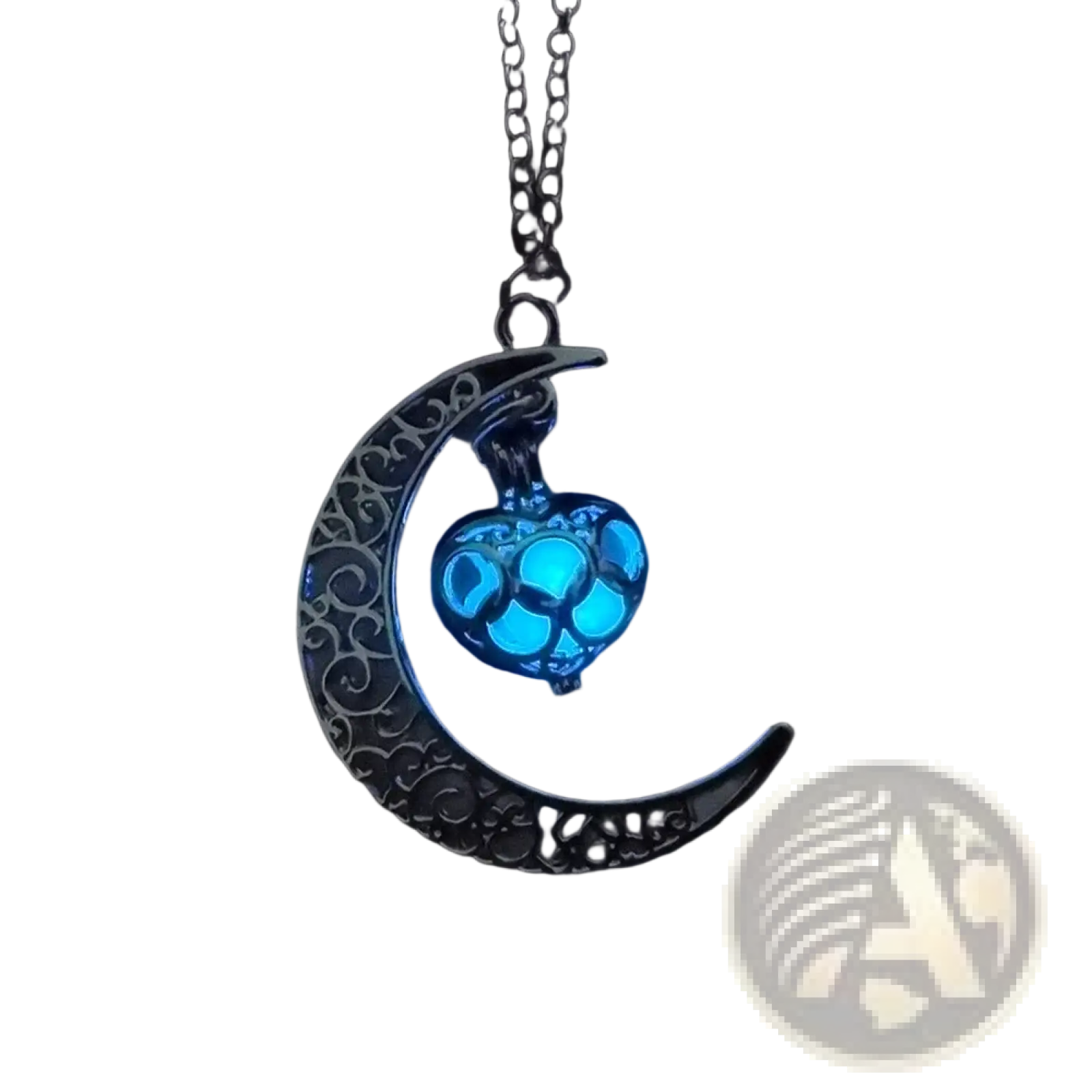 Silver crescent moon pendant necklace with intricate filigree and a glowing blue heart-shaped locket suspended inside