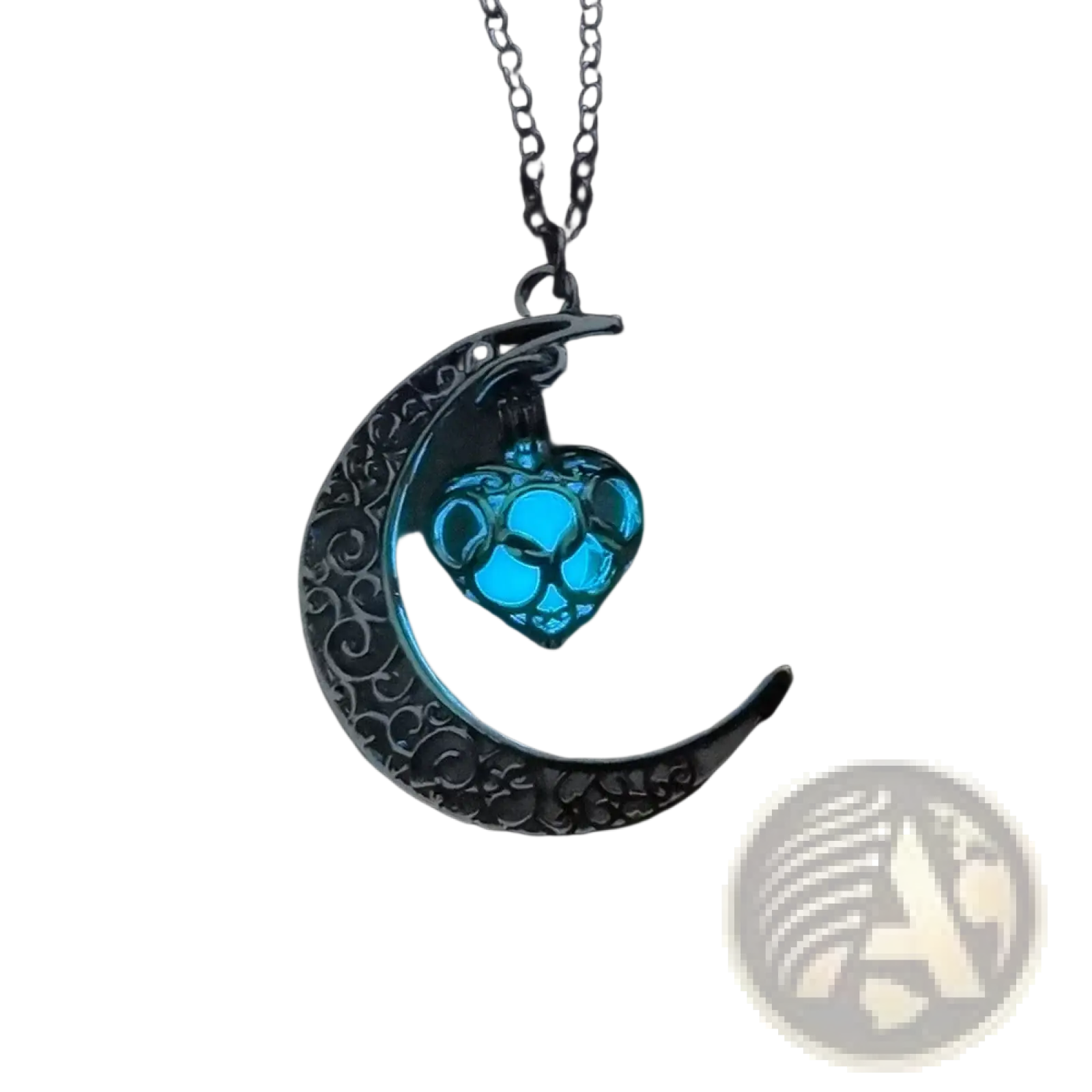 Silver crescent moon pendant necklace with intricate filigree design and glowing blue orb from luminous heart collection