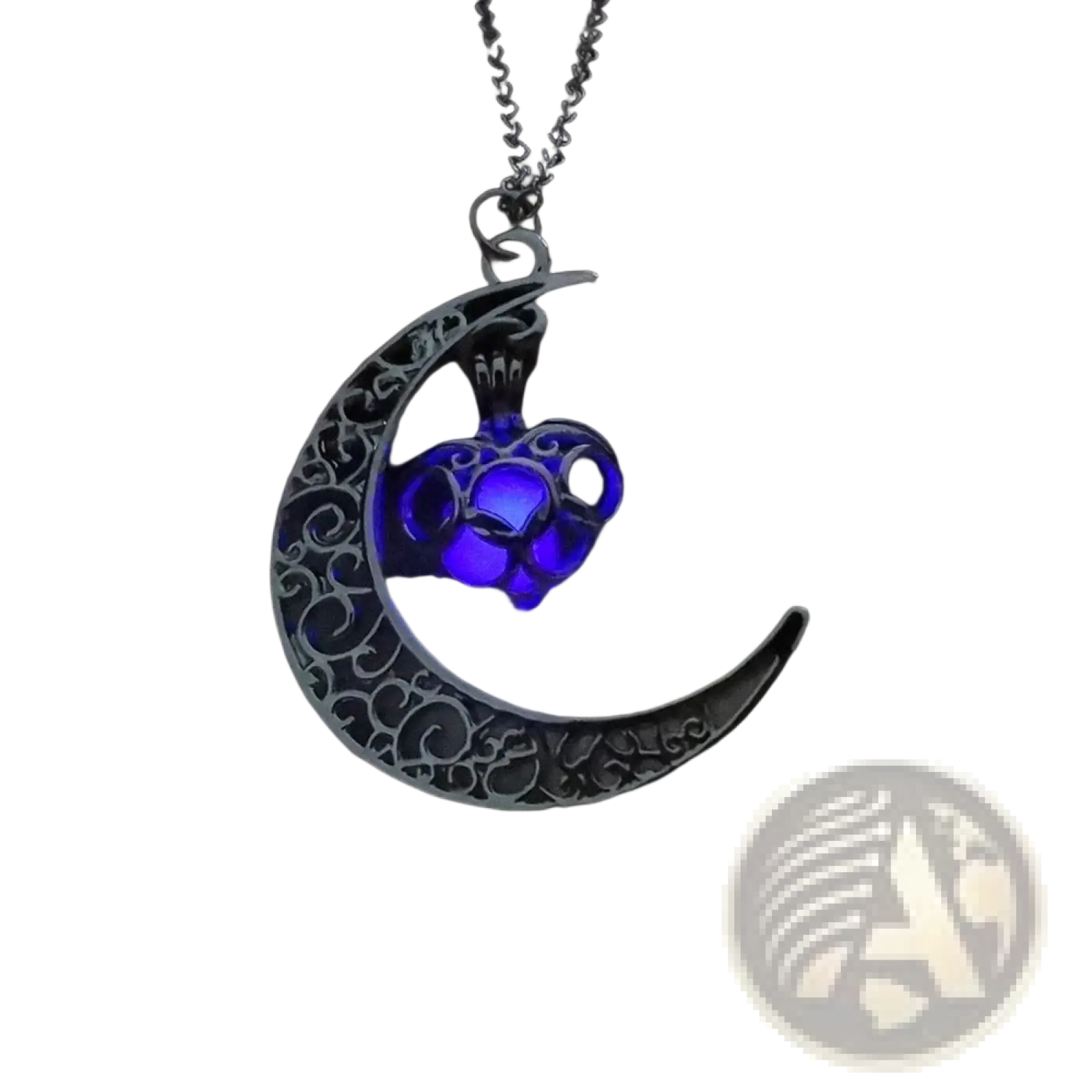 Luminous Heart and Filigree Crescent Moon pendant necklace with silver crescent, intricate filigree, and glowing purple led light