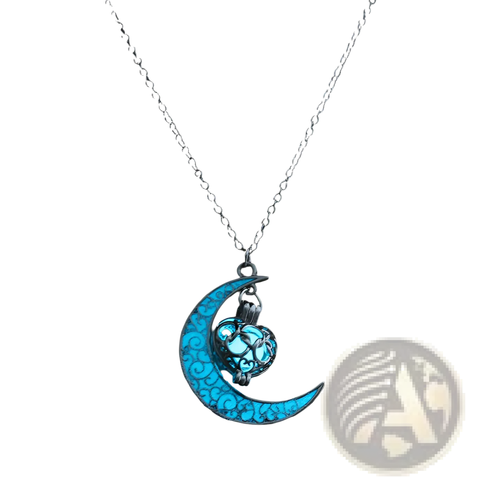 A glowing blue crescent moon pendant necklace featuring an intricate luminous heart shaped locket suspended from its curve